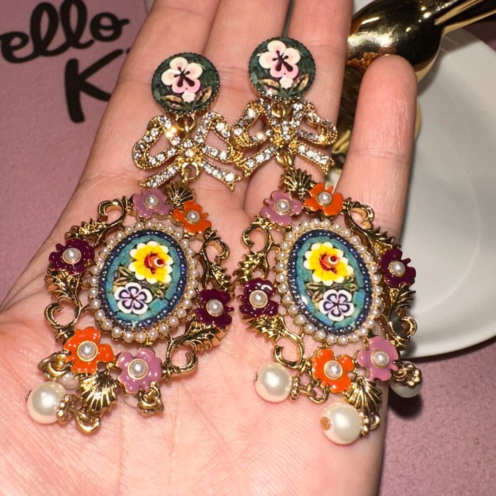 Baroque Floral Cameo Statement Earrings with Pearl Drops